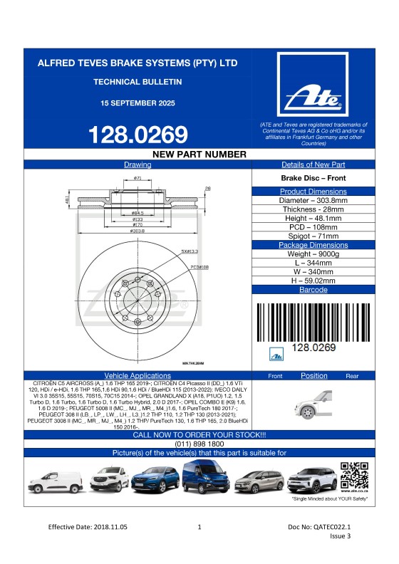 128.0269 NEW! BRAKE DISC FOR CITROËN C5 AIRCROSS, CITROËN C4 Picasso II, IVECO DAILY VI, OPEL GRANDLAND X, OPEL COMBO E, PEUGEOT 5008 II, PEUGEOT 308 II, PEUGEOT 3008 II  featured image